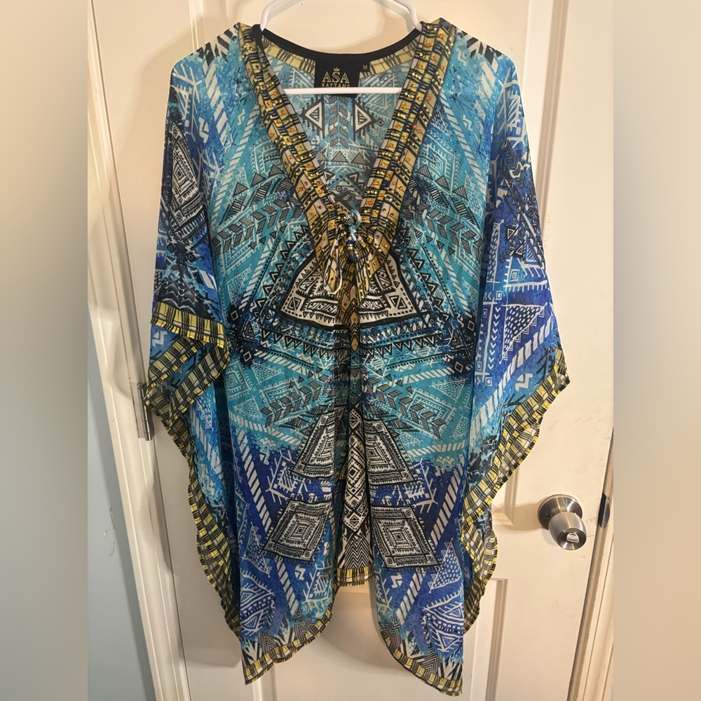 ASA KAFTANS Bohemian Blue and Yellow Kaftan size m EUC
